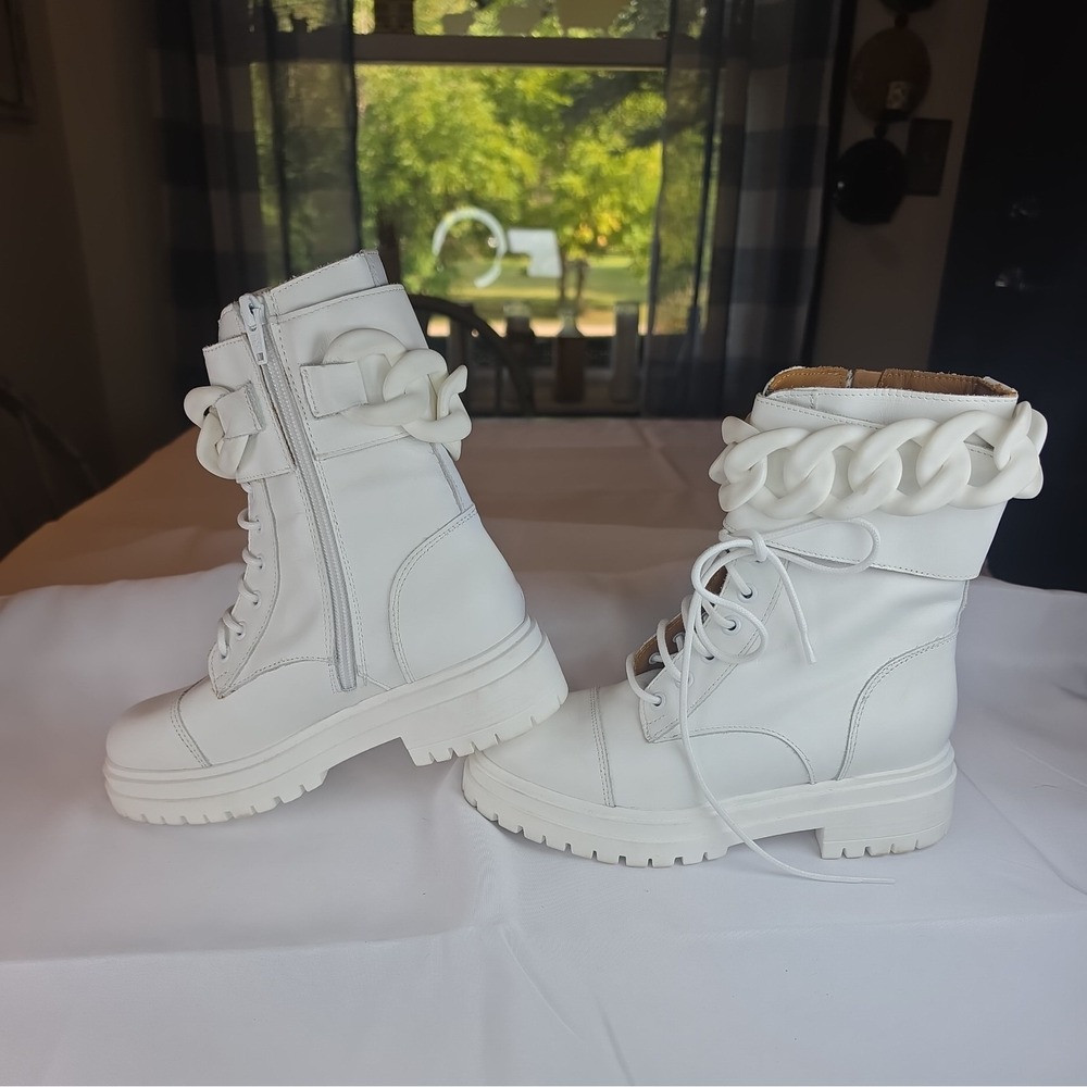 Beautisoles White Leather Combat Boots W Chain Detail. Zip w Tie Closure (35) - Picture 6 of 11